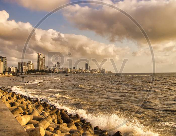 Mumbai sea with dramatic sky at worli seaface, India