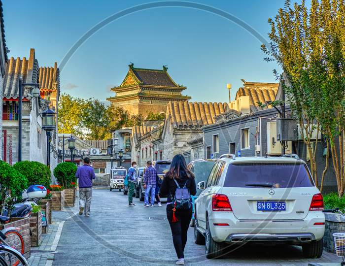Old Gulou Hutong Street, With Bell Tower In The Background, Beijing