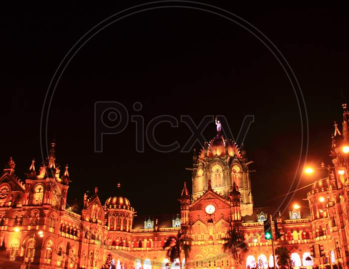 Chhatrapati Shivaji Terminus, Mumbai historical Buildings in Fort Area near Horiman Circle, British period, Mumbai, India, Night, Beautiful lighting