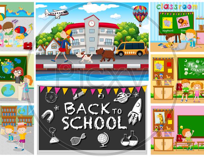 Back To School Theme With Kids In Classrooms