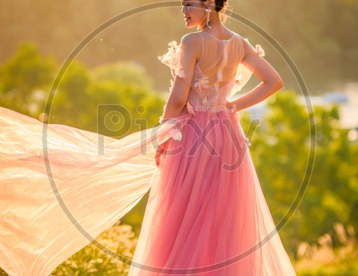 Chinese Bride Posing In A Beautiful Pink Wedding Dress In Belgrade, Serbia
