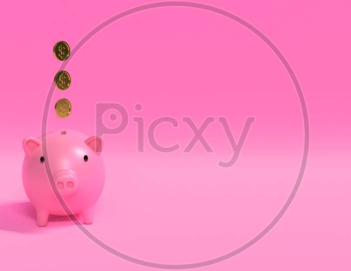 3D Render Illustration Image Of Pink Piggy Bank With Floating Coins With Dollar Sign, Concept Of Saving Money Plan For The Future