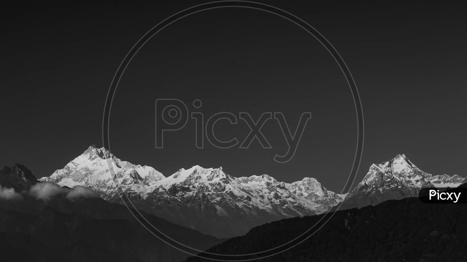 A panoramic view of Mt Kanchenjunga in monochrome
