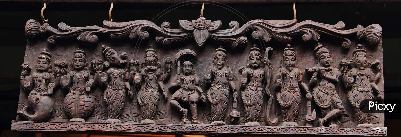 Old Indian art, carving on wood, artifact, India