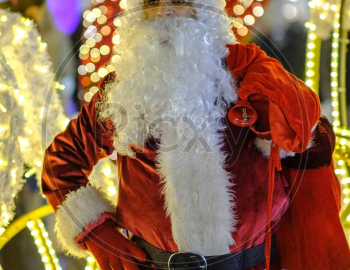Man Dressed As Santa Claus In Knez Mihailova Street In Downtown Belgrade, Serbia