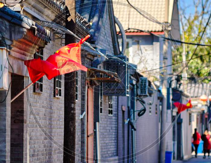 National Flags Of China, Decorating Narrow Hutong Street In Central Beijing