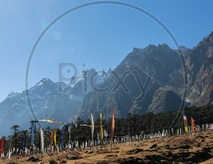 Tibetan prayer flags blowing with the wind