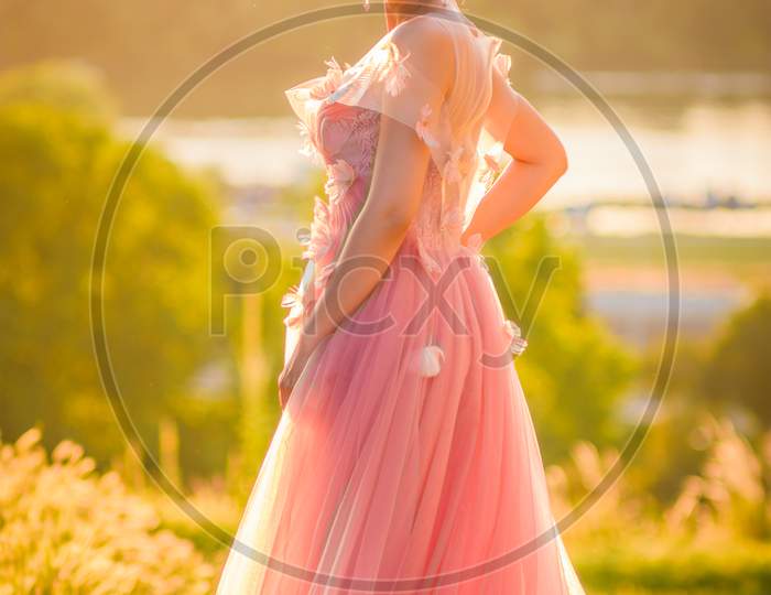 Chinese Bride Posing In A Beautiful Pink Wedding Dress In Belgrade, Serbia