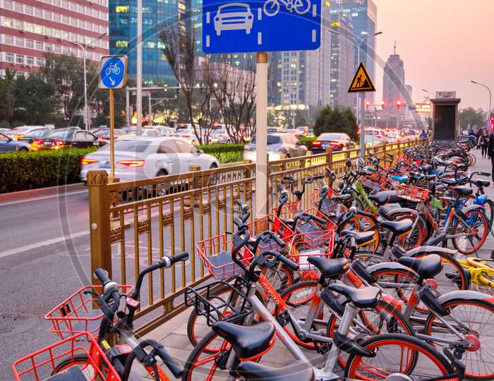 Mobike Bicycle-Sharing System Bicycles On Changan Avenue In Beijing