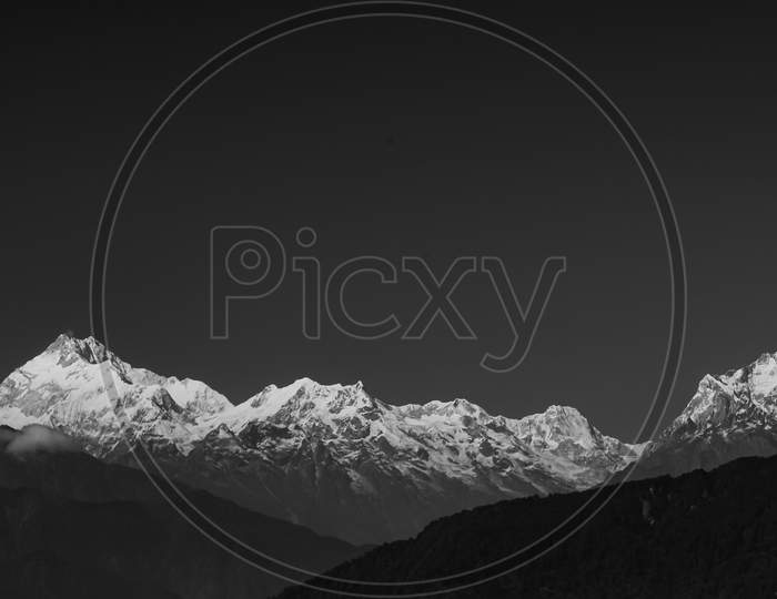 A panoramic view of Mt Kanchenjunga in monochrome