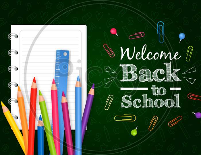Realistic back to school background with pencils and notebook