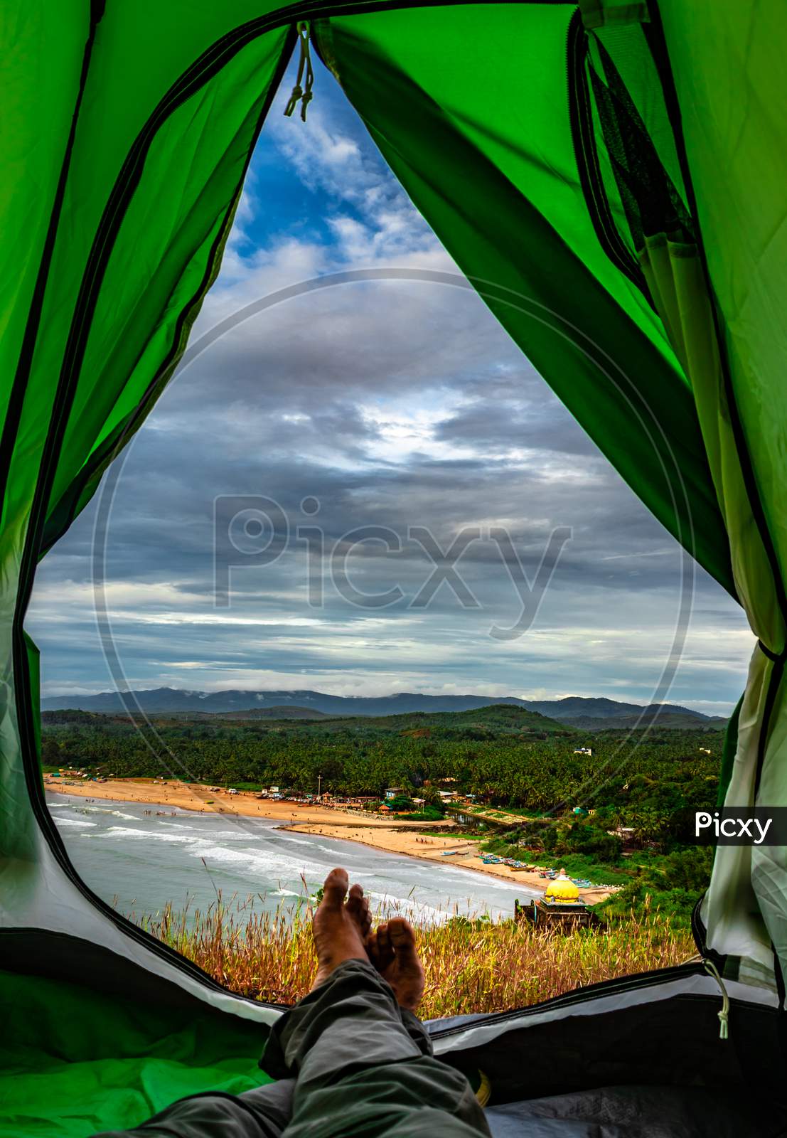 Man At Camping Tent Inside View Of Amazing Landscape Sea Shore