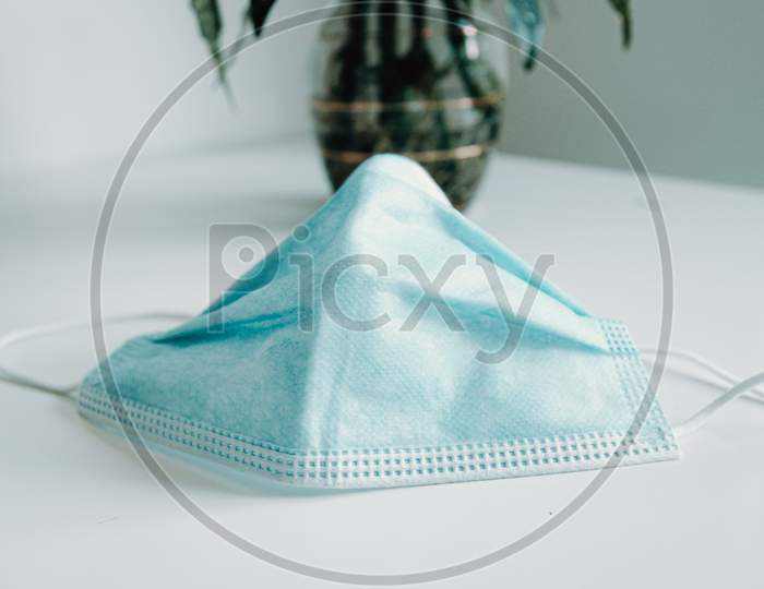 Surgical Mask Over A White With A Plant Background