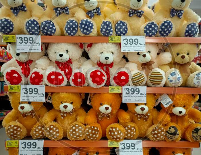 A Charming view of a Collection of Teddy Bear soft toys seen arranged aesthetically at a Kid Store in Mysuru of Karnataka state in India.