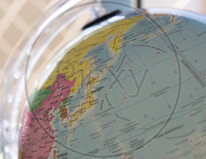 Close Up Of Terrestrial Globe With Focus On Japan And Pacific Ocean.