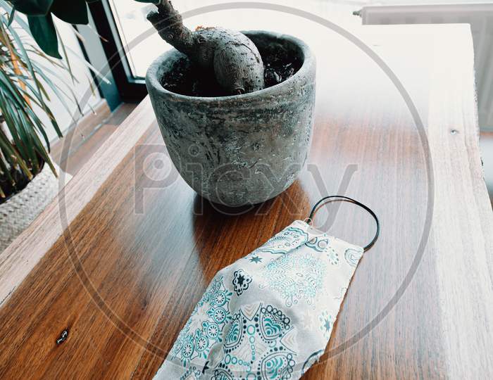 Medical Mask Near A Beauty Bonsai Over A Wooden Table During A Sunny Day