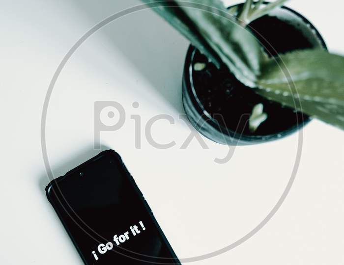 Flat Lay Of A Black Phone Over A White Background And A Plant With A Inspirational Phrase Written In It