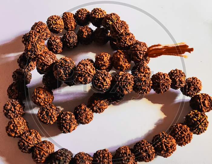 Rudraksha japa Mala or Prayer beads made from the seeds of the rudraksha tree on white background ,108 beads .
