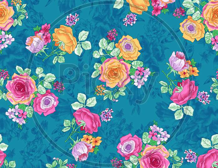 Flowers Background Design In Colorful Art. Creative Background For Print, Textile, Wear, Magazines, Template, Card, Poster, Brochure. Bright Colors
