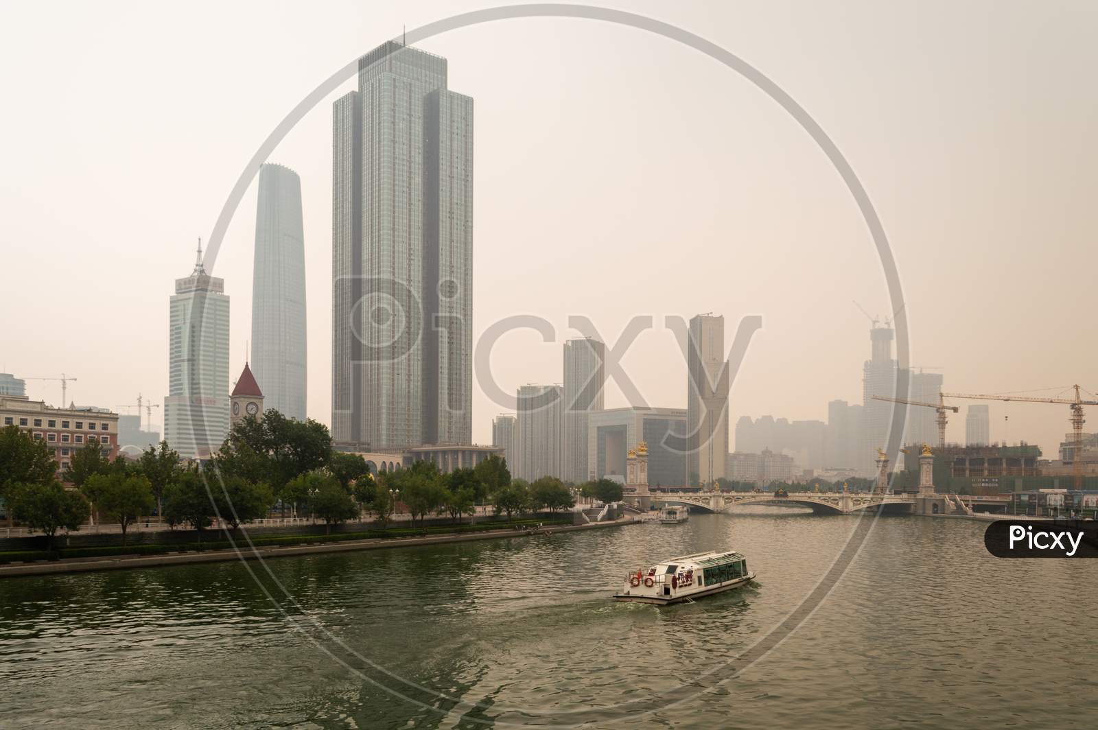 Downtown Tianjin, Tianjin Financial Center And Hai River On A Smoggy Day