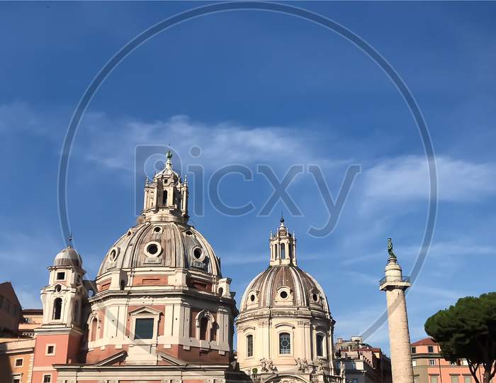 Rome Italy August-8 2019, Trajan's column with church of the most holy at Trajan forum Rome Italy.