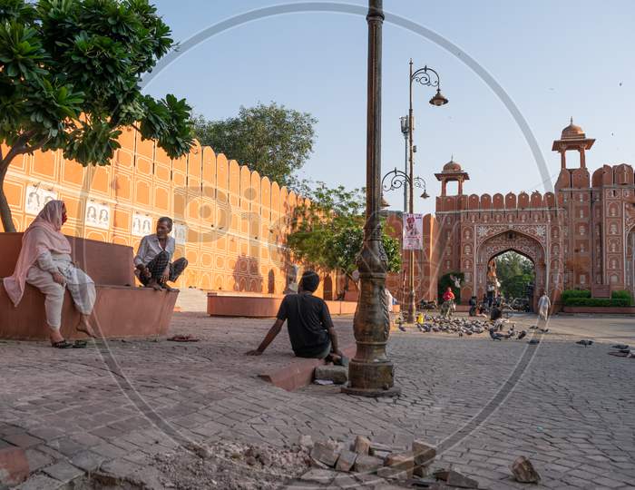 People sitting and talking near Ajmeri Gate, Jaipur