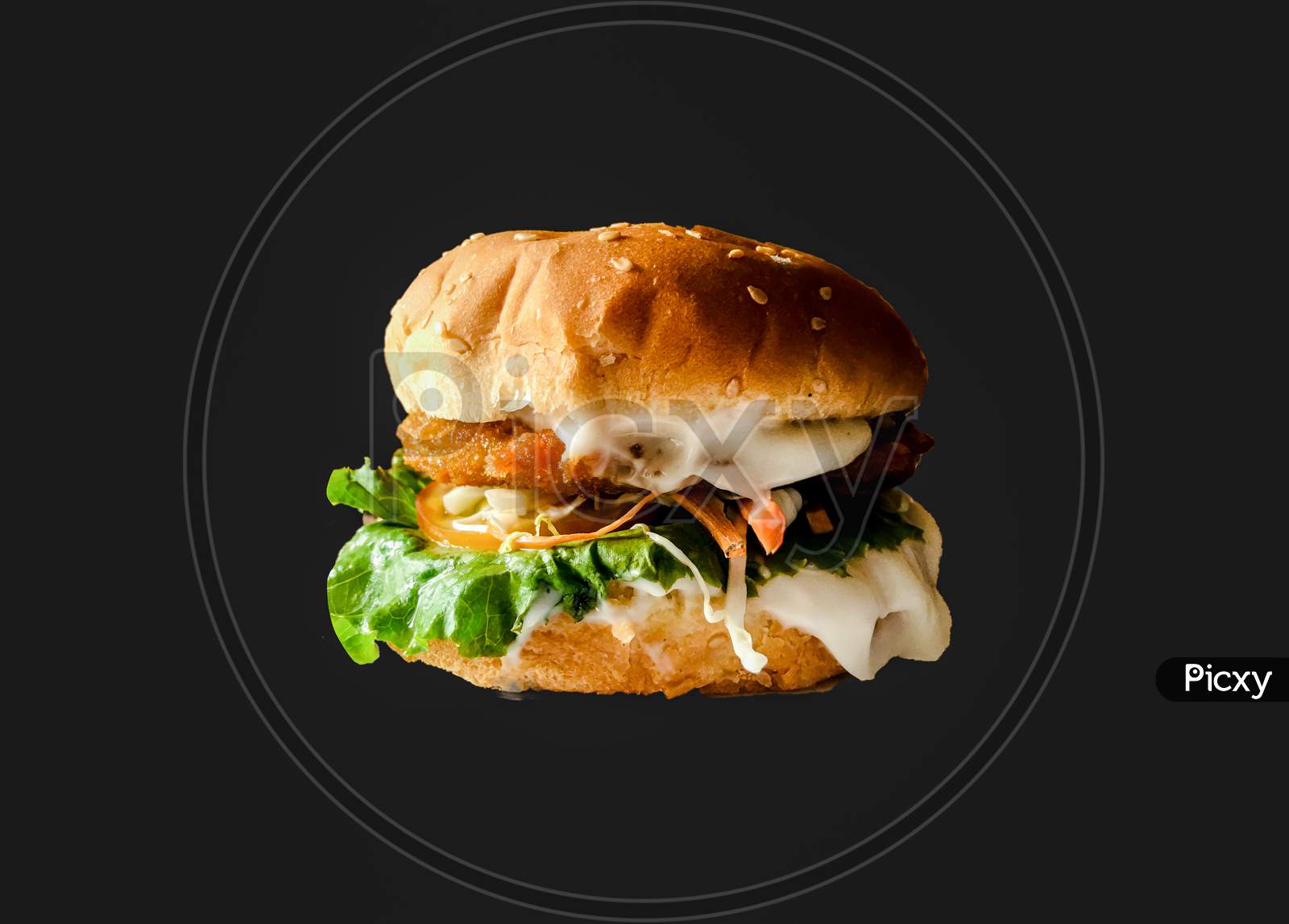 Fresh testy burger with tomatoes, Cheese ,Green lettuce, onion and salad isolated on black background .