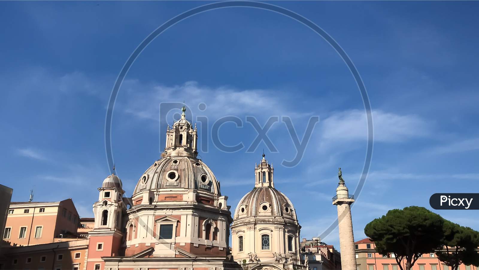 Rome Italy August-8 2019, Trajan's column with church of the most holy at Trajan forum Rome Italy.