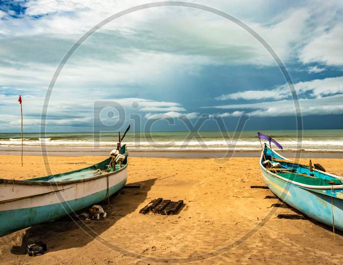 Sea Shore With Boats And Amazing Sky At Morning From Flat Angle