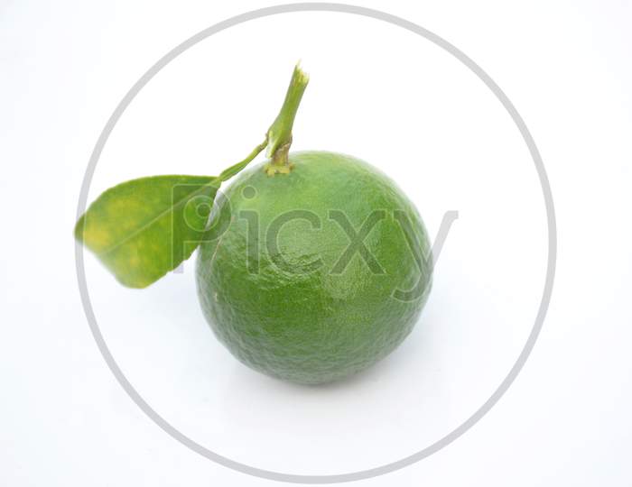 The Ripe Green Orange Fruit With Leaves Isolated On White Background.