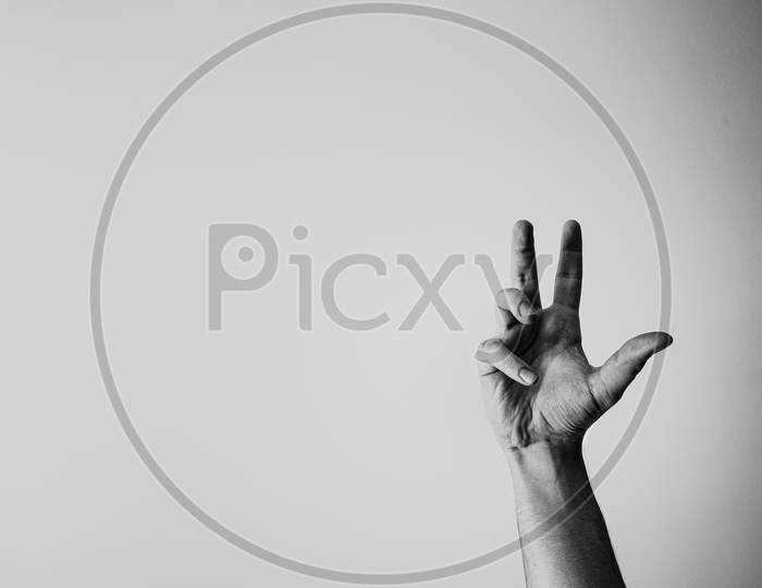 Black And White Hand Raised In Front Of A White Background With Copy Space