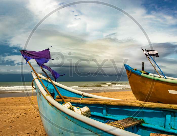 Sea Shore With Boats And Amazing Sky At Morning From Flat Angle