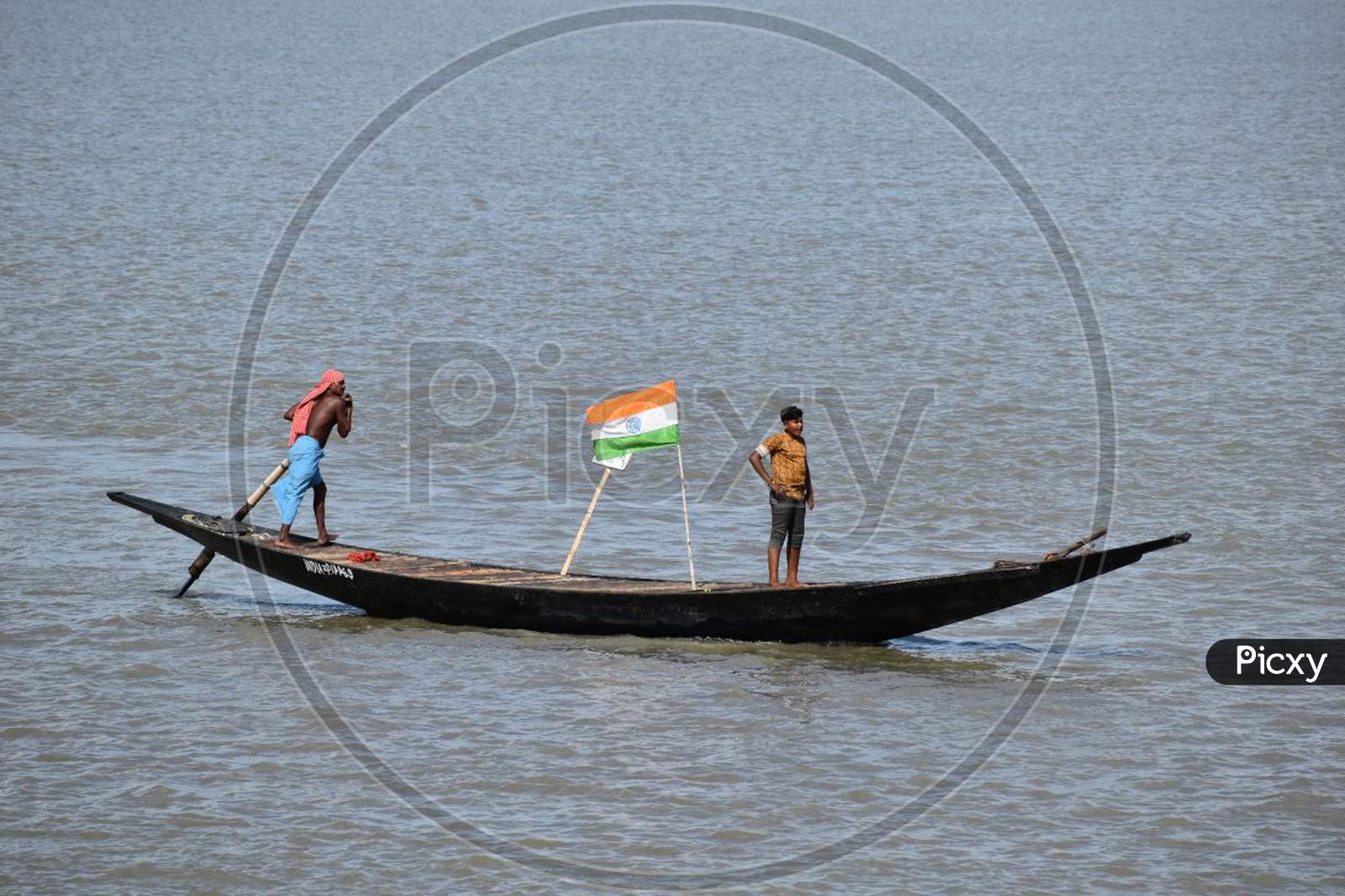 Tow man boating and middle in beautiful Indian flag