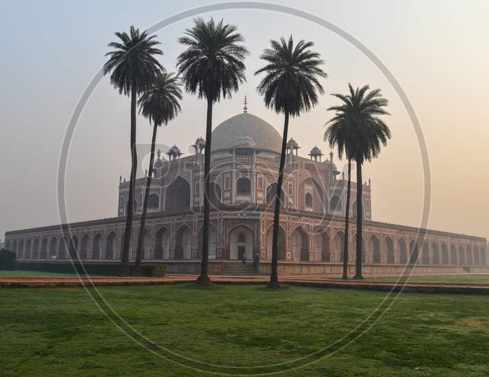 Bunch Of Palm Trees And Mesmerizing View Of Humayun Tomb Memorial From The Side Of The Lawn At Winter Foggy Morning.