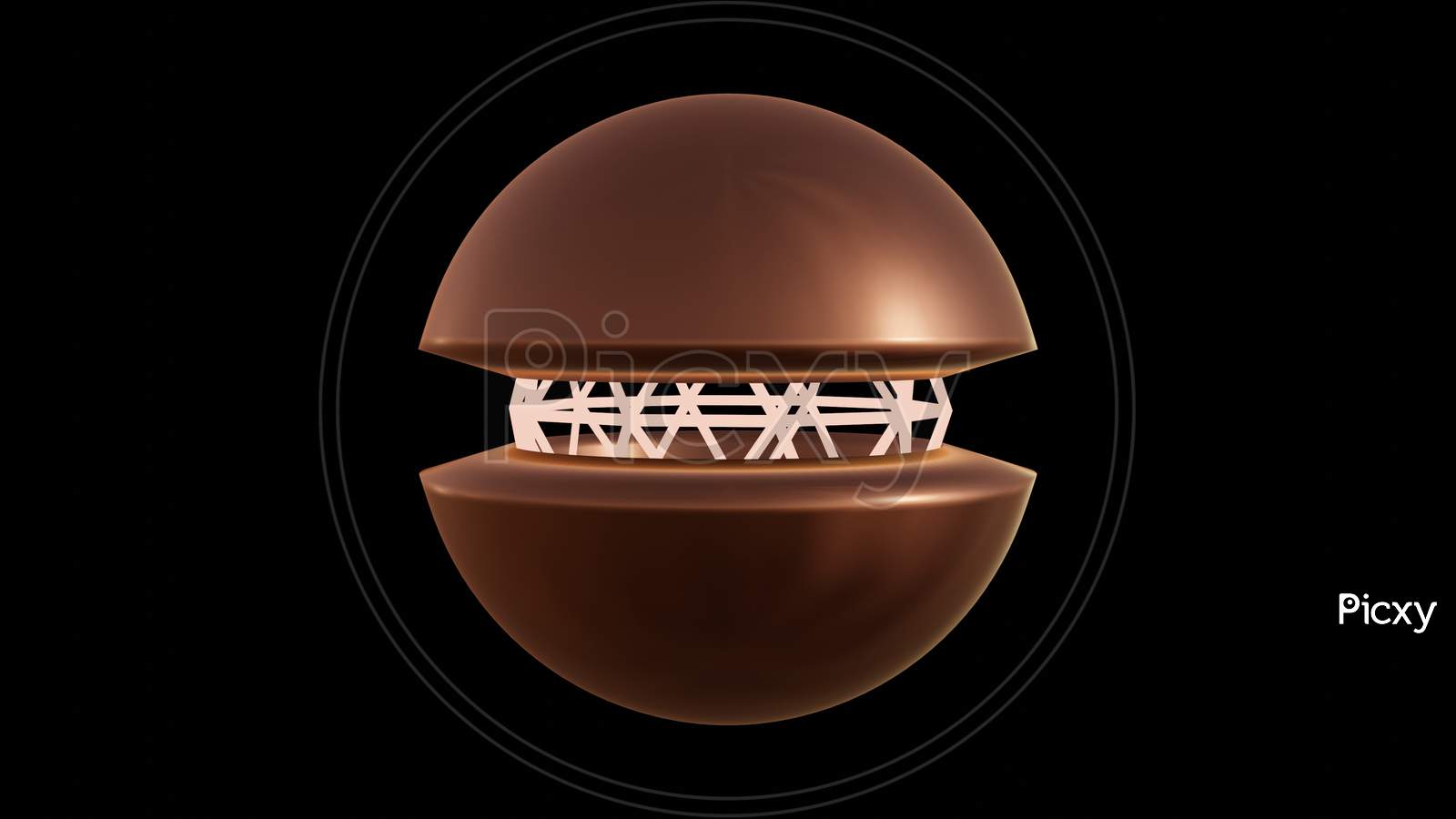Illustration Graphic Of A Glossy 3D Object With Wire Frame At Center, Isolated On Black Background.