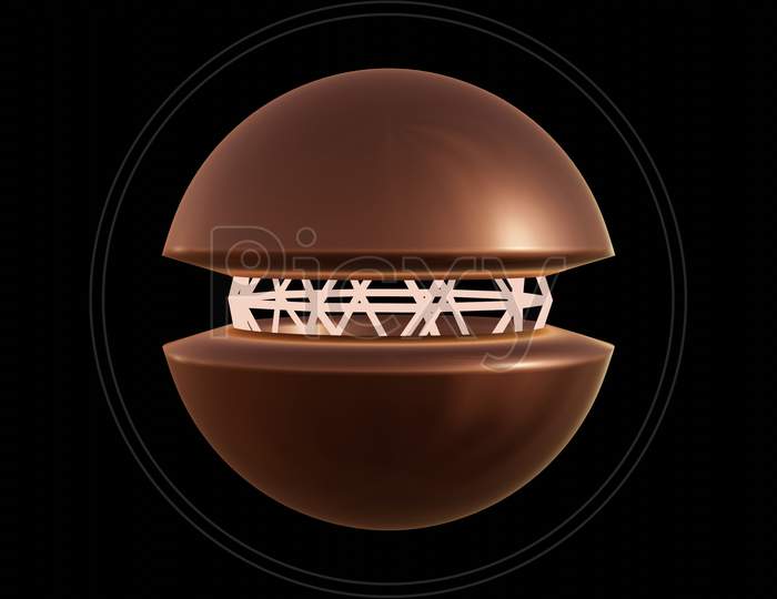 Illustration Graphic Of A Glossy 3D Object With Wire Frame At Center, Isolated On Black Background.