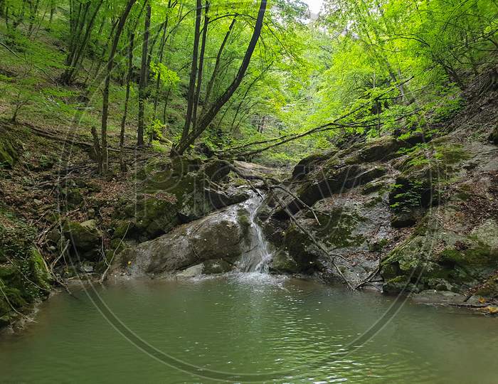 Cheile Borzesti Waterfall And Pond, Transylvania