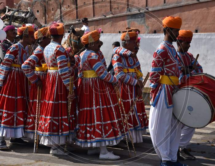 Rajasthani holi gair dancer group (folk artist )with beautiful traditional dress at camel festival