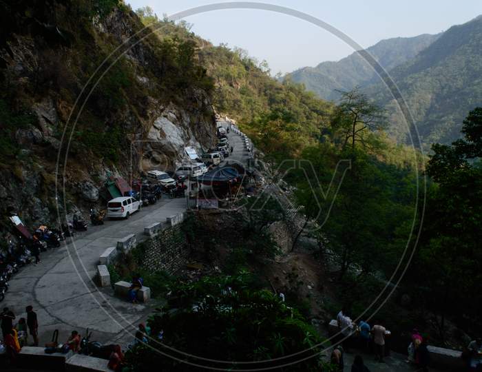 The View Of Mountain And Population Who Is Going To Trek And Destroy The Beauty Of Nature Towards The Famous Neer Waterfall, Rishikesh, Uttarakhand, India.