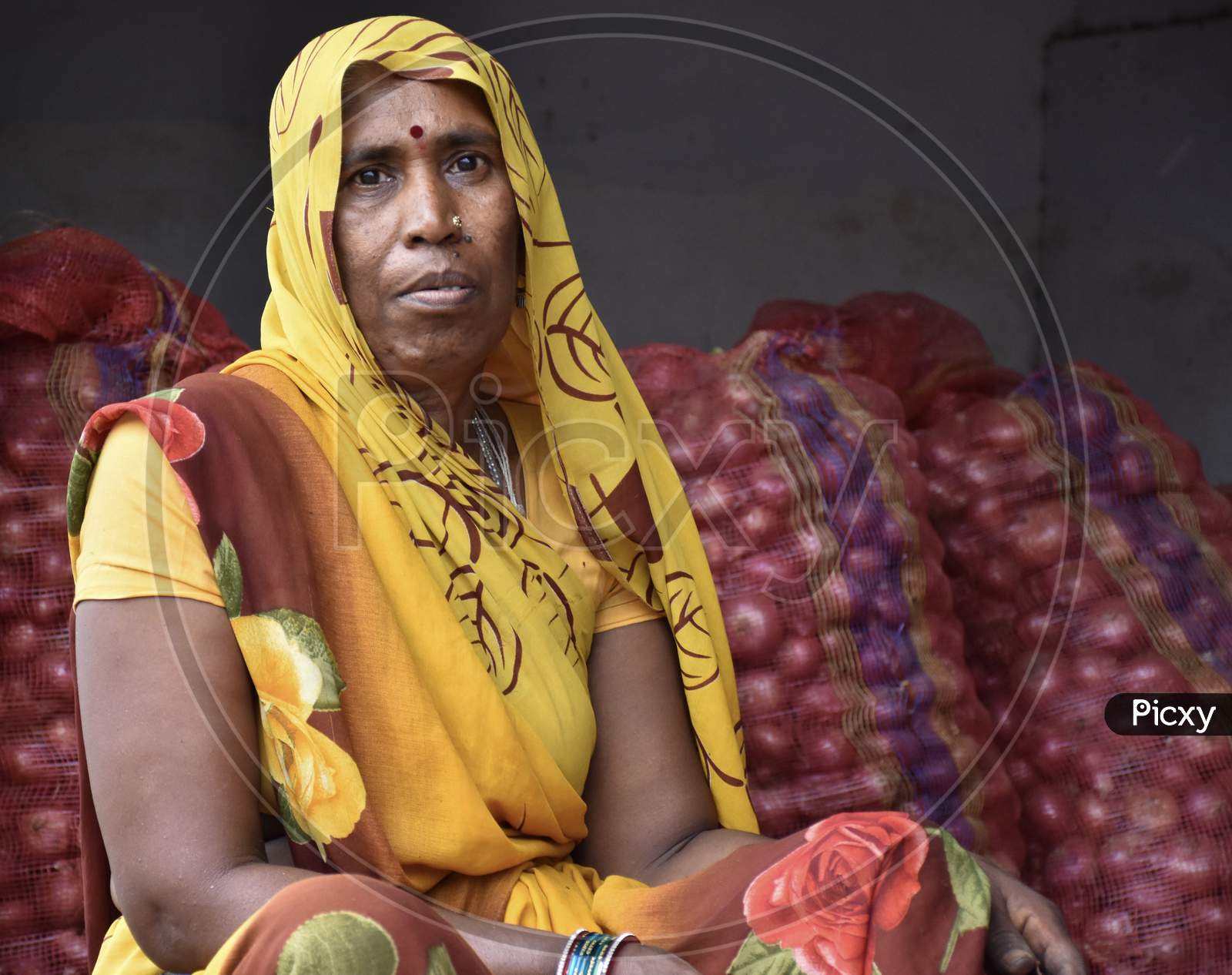 Indian Woman Sitting With Her Onion Stock