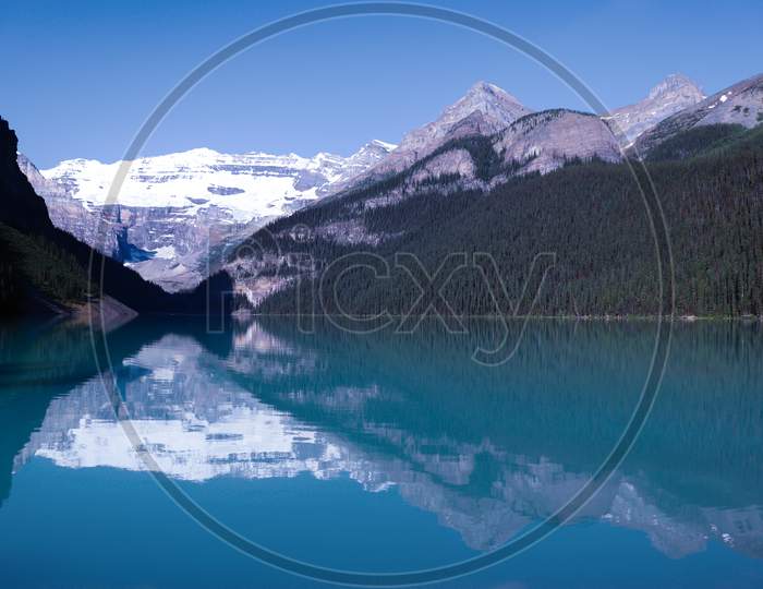 Mountain Reflection In Lake Water Canada.