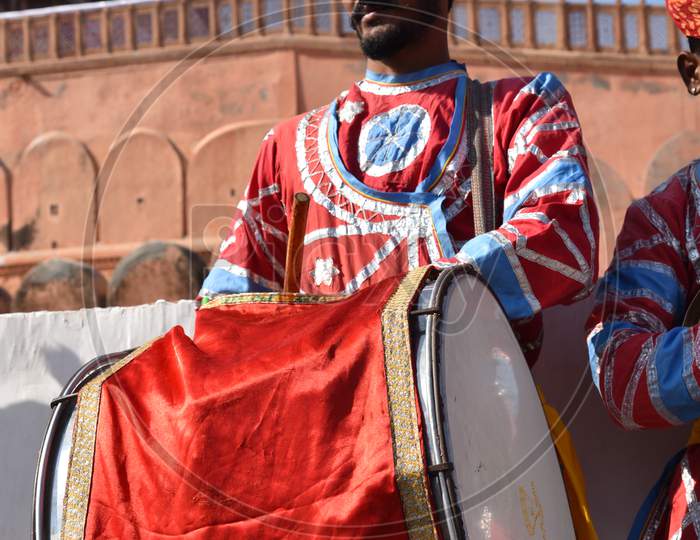 Rajasthani holi gair dancer group (folk artist )with beautiful traditional dress at camel festival
