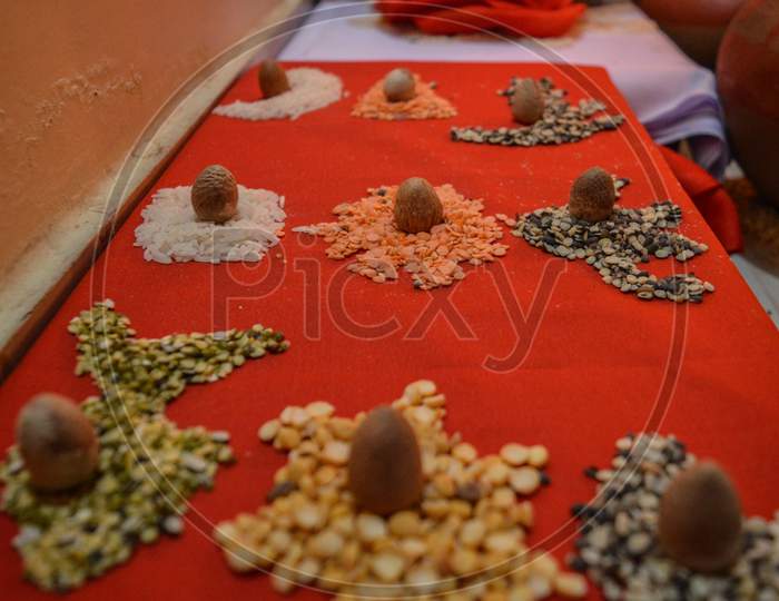 Beautiful Decoration Of Supari, Betalnut, Areca Nut, Pulses, Rice For Worship Of Indian God.