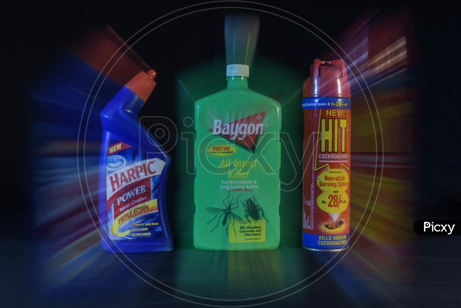 Zooming In Effect Of Cleaning Products Isolated On Black Background