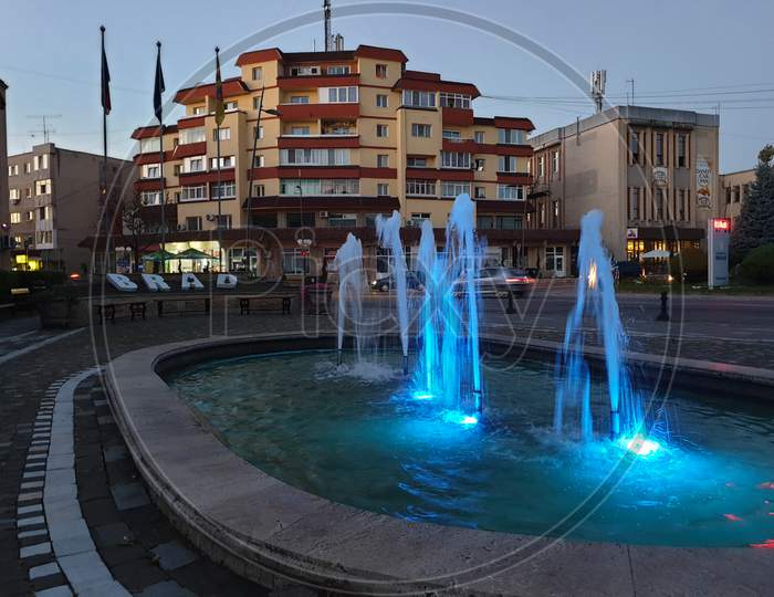 Brad Town Center Water Fountain In The Evening