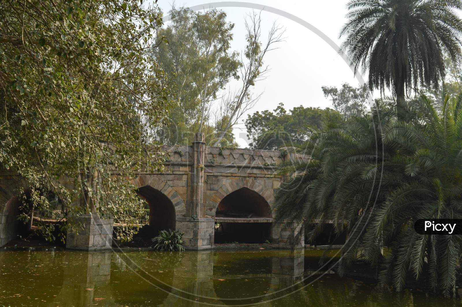 A Reflection And Mesmerizing View From The Side Of The Pond,Lake Of Palm Trees And Bridge Monument At Lodi Garden Or Lodhi Gardens In A City Park At Winter Foggy Morning.