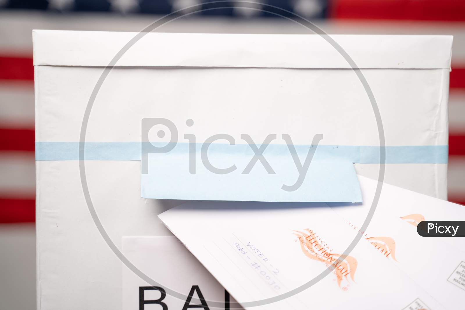 Maski, India 14 September, 2020 : Concept Of Mail In Vote At Us Election - Closeup Of Hands Putting Multiple Mails Inside The Ballot Box With Us Flag As Background.