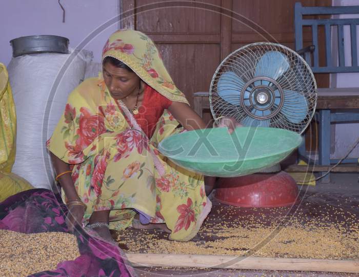 Rural Indian Woman Cleaning Grain At Home