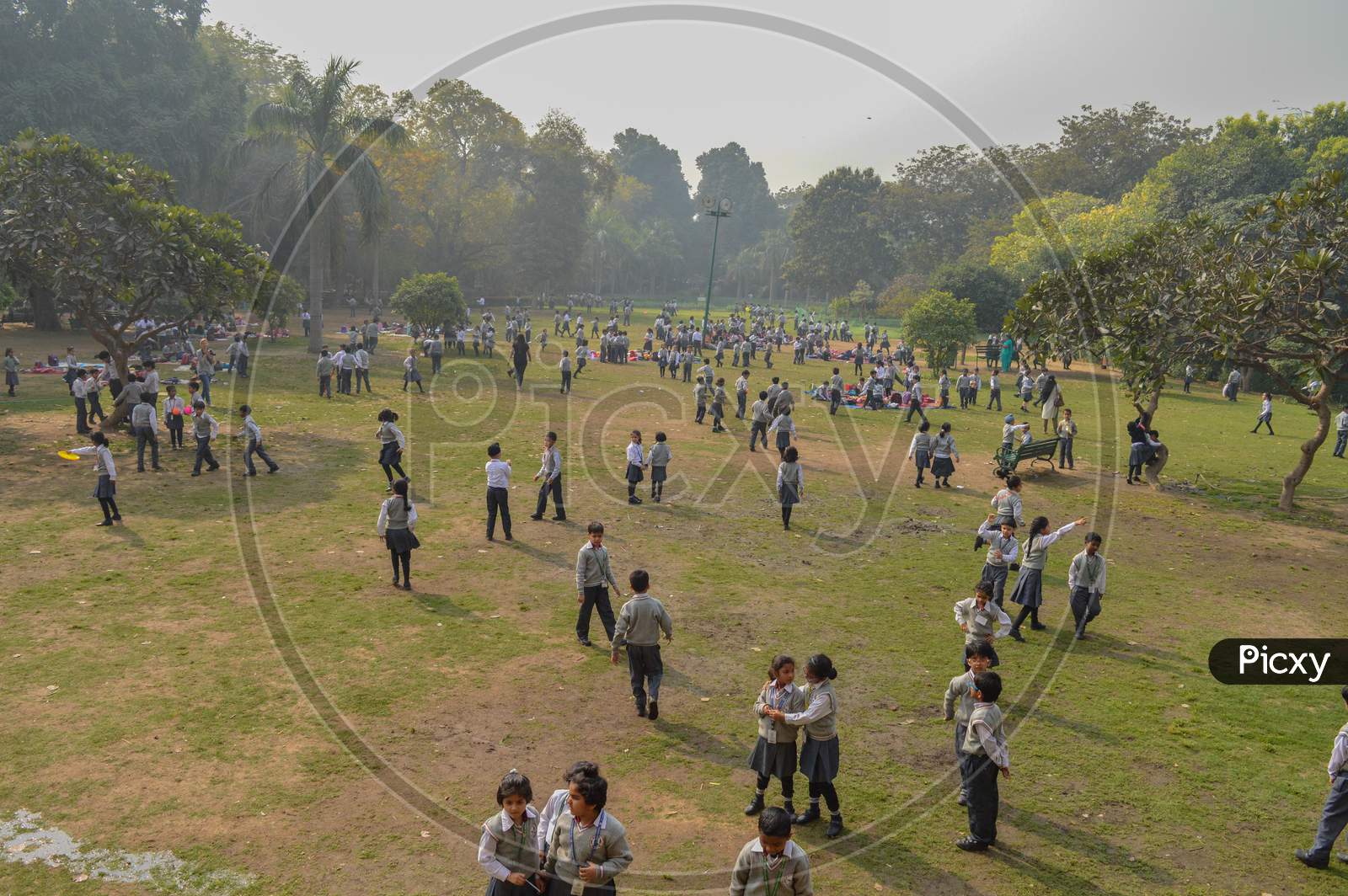 A Bunch Of Student, Children Playing Around The Lodhi Garden Park At Foggy Morning.