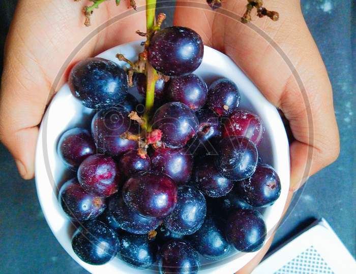 A bowl of fresh black  grapes.